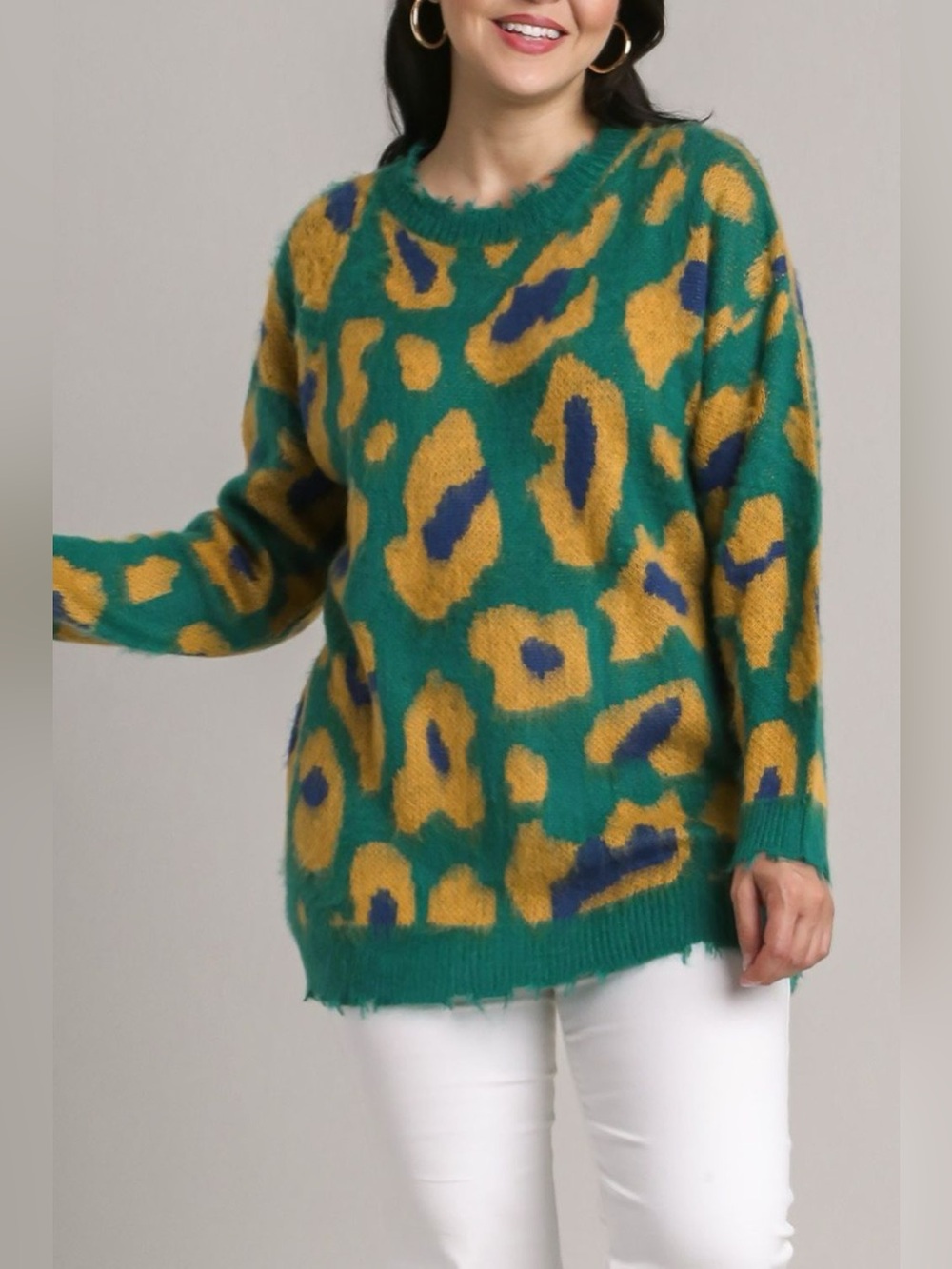 Umgee Full Size Leopard Destroyed Rib Band Sweater🛍️